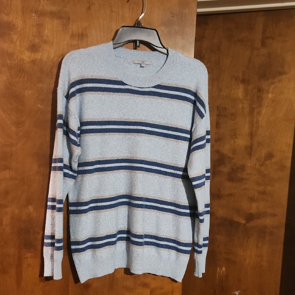 Women's Light Blue Crewneck Sweater with Navy Stripes